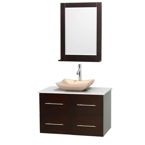 Wyndham Collection Centra 36 in. Vanity in Espresso with Solid-Surface Vanity Top in White, Ivory Marble Sink and 24 in. Mirror