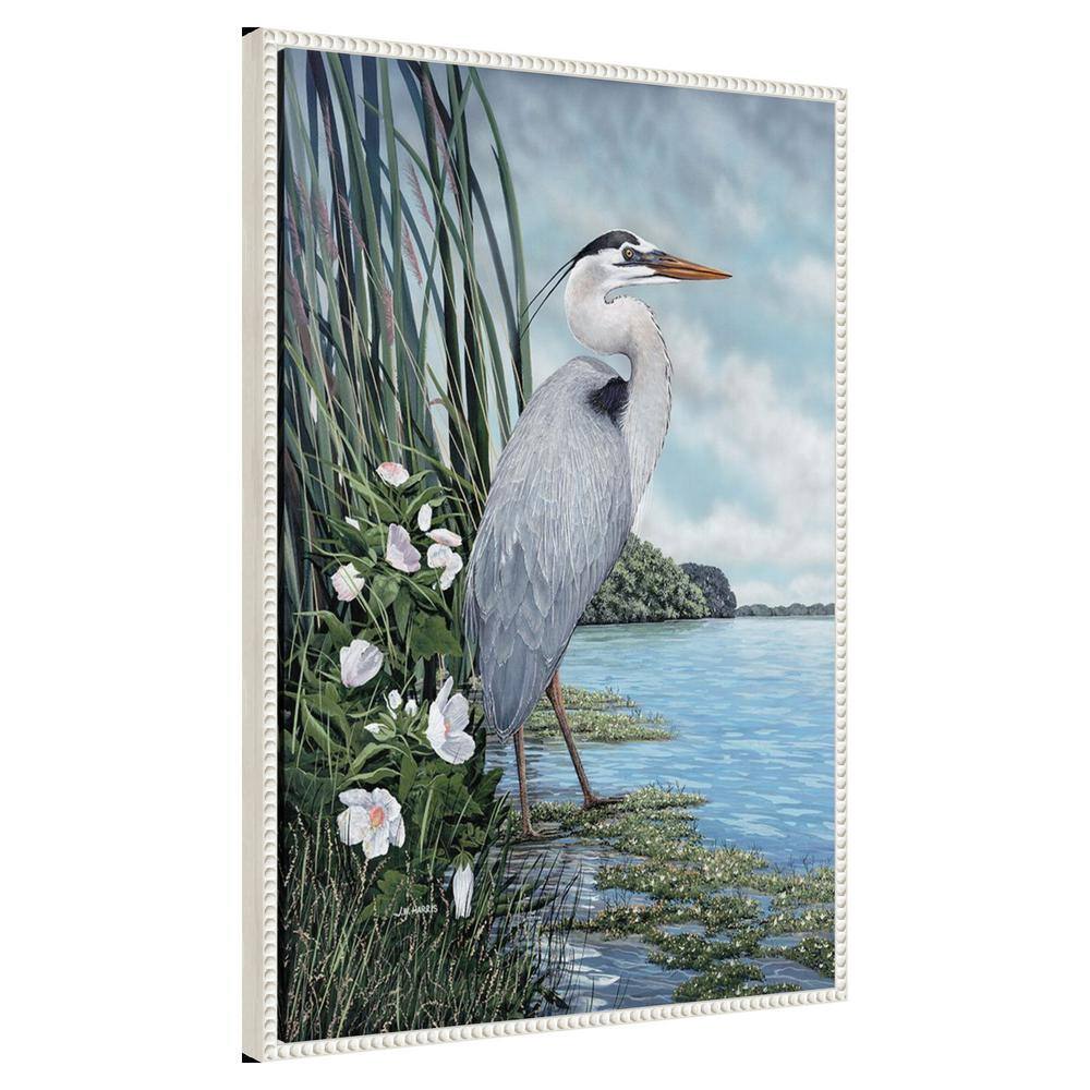 Great Blue Heron Coastal Scene Canvas Art with White Frame