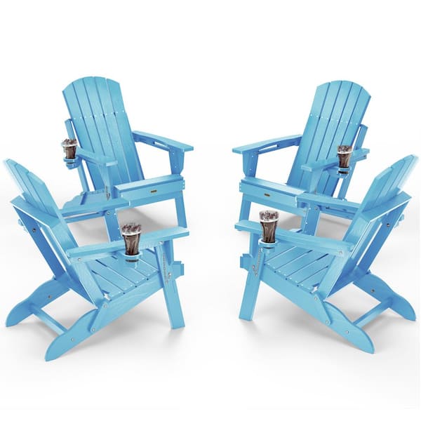 Mximu Blue HDPE Outdoor Folding Plastic Adirondack Chair with Cupholder(4-Pack)