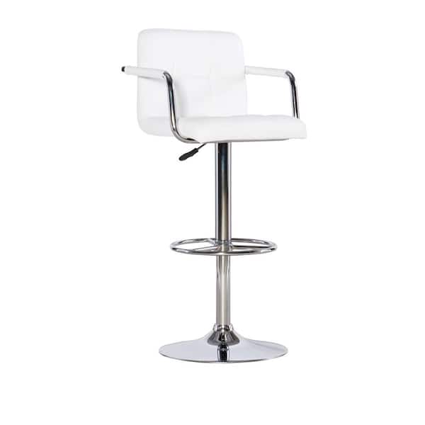 Smith Adjustable 46 in. H White and Chrome Low Back Metal Bar Stool with Faux Leather Seat
