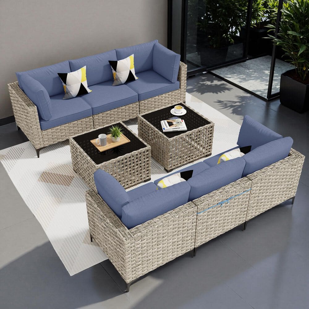 Cozy 8-Pieces Wicker Patio Conversation Seating Sofa Set with Denim Blue Cushions