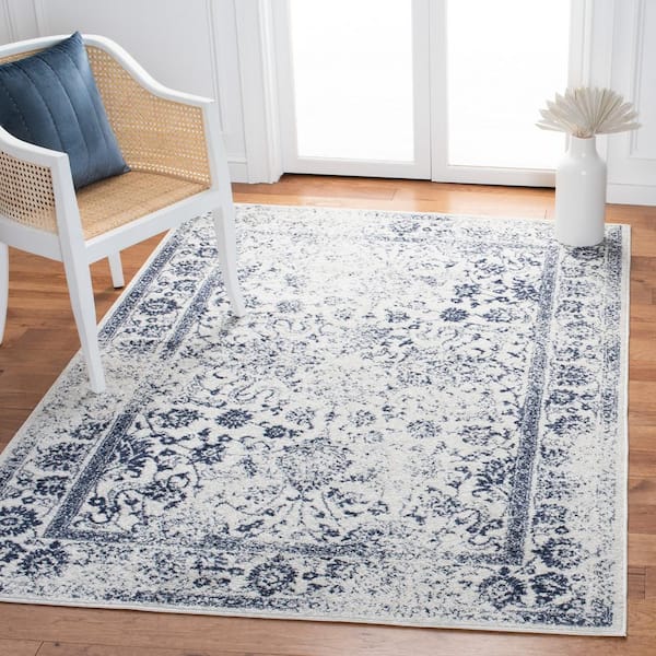 Adirondack Ivory/Navy 10 ft. x 10 ft. Border Distressed Square Area Rug