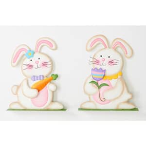 12 in. Metal Tabletop Easter Bunny Holding Flower and Carrot, Set of 2