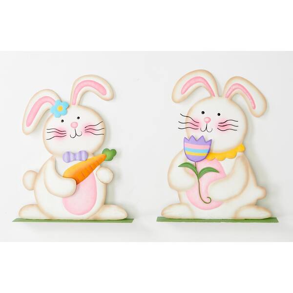 Unbranded 12 in. Metal Tabletop Easter Bunny Holding Flower and Carrot, Set of 2