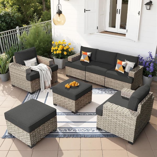 Kairos 7-Pieces Wicker Outdoor Patio Conversation Seating Set with Black Cushions