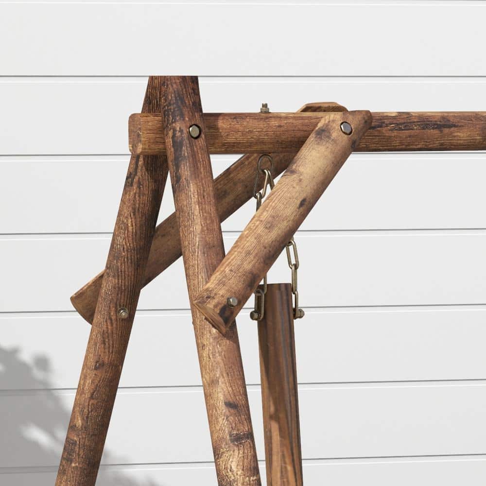 Rustic Carbonized Fir Wood 2-Person Porch Swing with Wagon Wheel Armrests