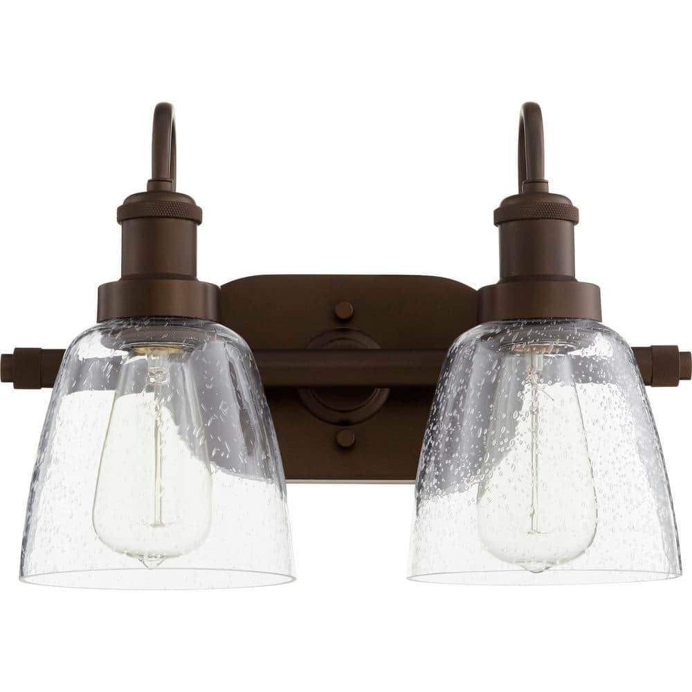 Hollis Transitional, 16 in. Width in. 2-Lights Oiled Bronze Vanity Lights with Seeded Glass Shade -  Quorum INTERNATIONAL, 508-2-86