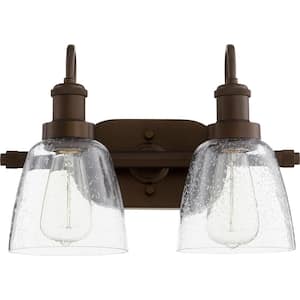 Hollis Transitional, 16 in. Width in. 2-Lights Oiled Bronze Vanity Lights with Seeded Glass Shade