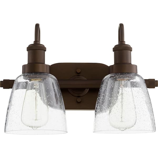 Quorum INTERNATIONAL Hollis Transitional, 16 in. Width in. 2-Lights Oiled Bronze Vanity Lights with Seeded Glass Shade