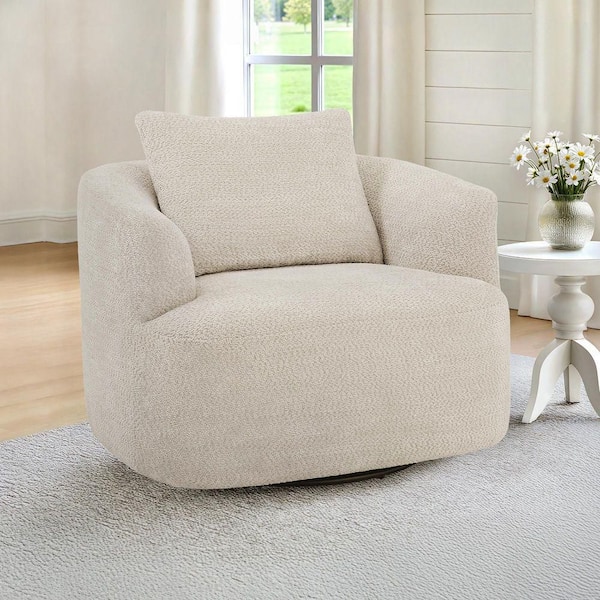 Light Champagne Chenille Fabric Upholstered 360° Swivel Barrel Chair Metal Base Swivel Accent Chair with Pillow