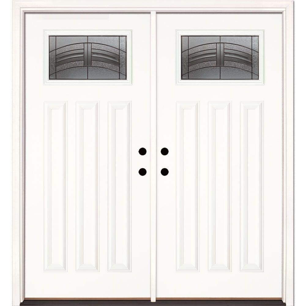 Feather River Doors 66 in. x 81.625 in. Rochester Patina Craftsman Unfinished Smooth Right-Hand Inswing Fiberglass Double Prehung Front Door, Smooth White: Ready to Paint -  A73171-400