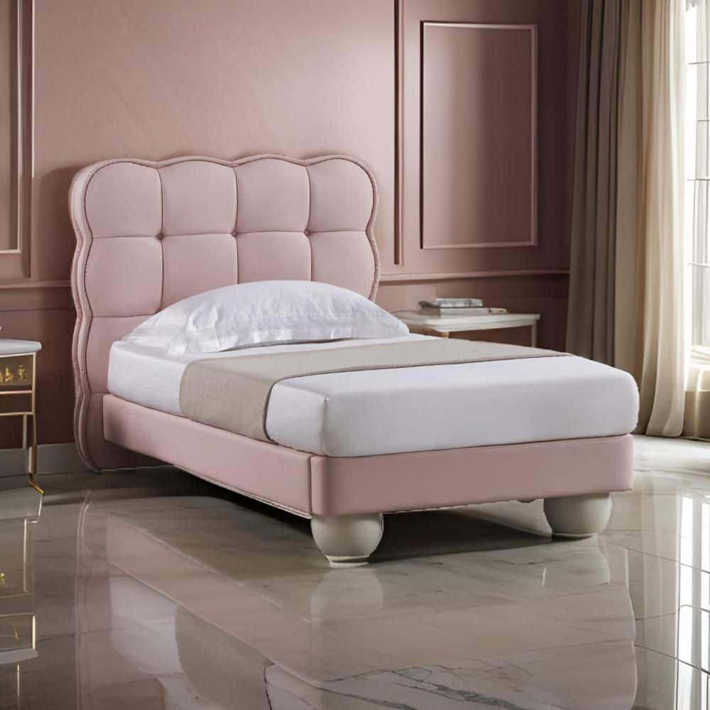 Jeny Pink Wood Frame Full Panel Bed with Tufted Headboard