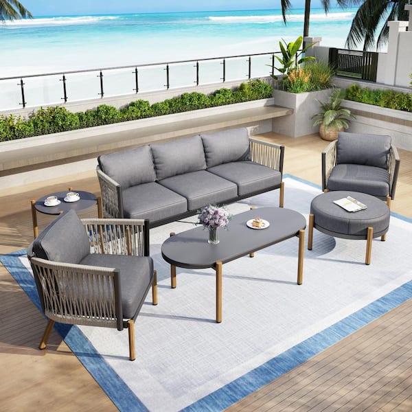 Black 5-Piece Metal Outdoor Patio Conversation Seating Set with Modern Gray Woven Rope and Gray Cushions