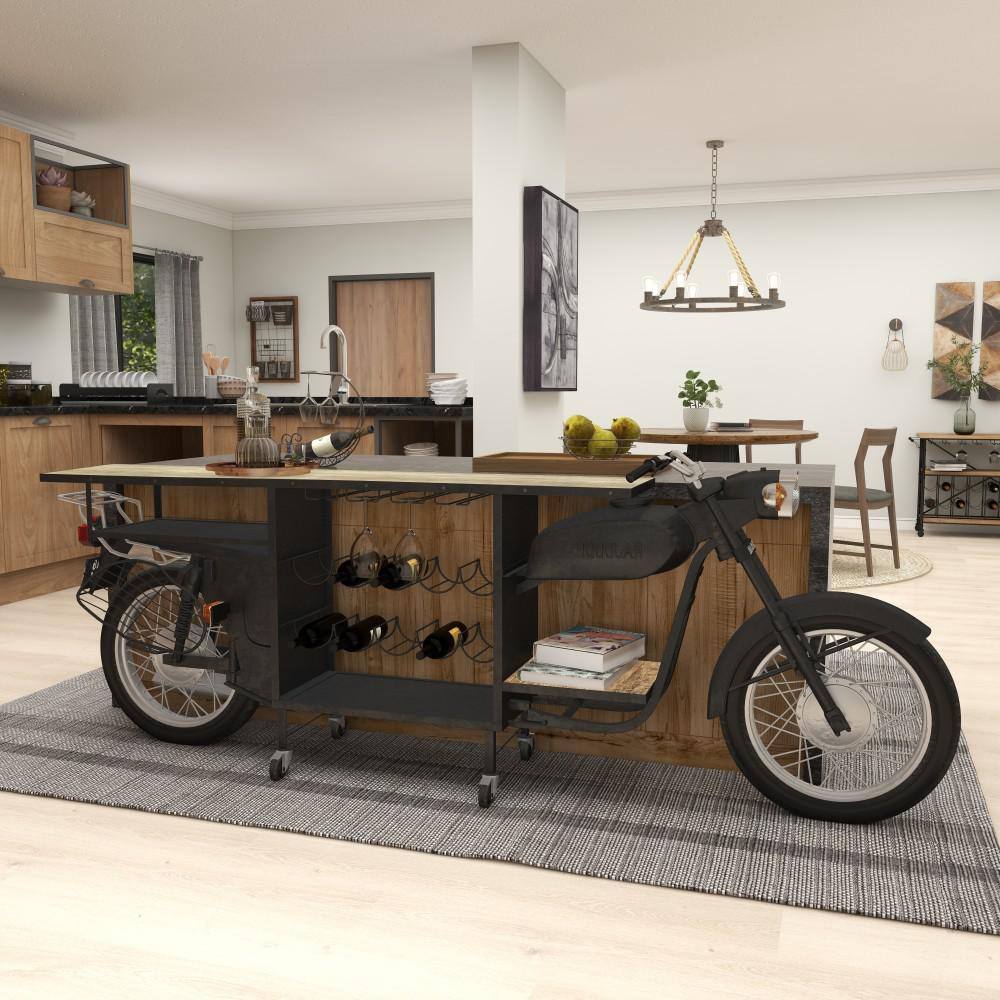 Black Metal and Mango Wood Motorcycle Bar Cart