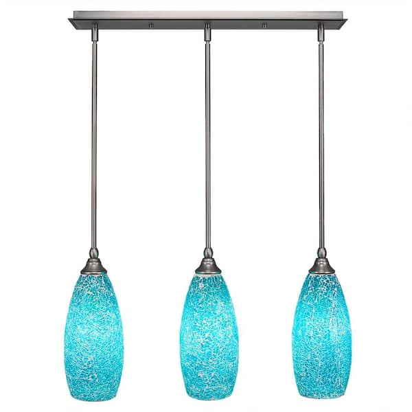 Unbranded Livingston 100-Watt 3 Light Brushed Nickel, Linear Pendant Light with 5.5 in. Turquoise Glass Shade No Bulbs Included