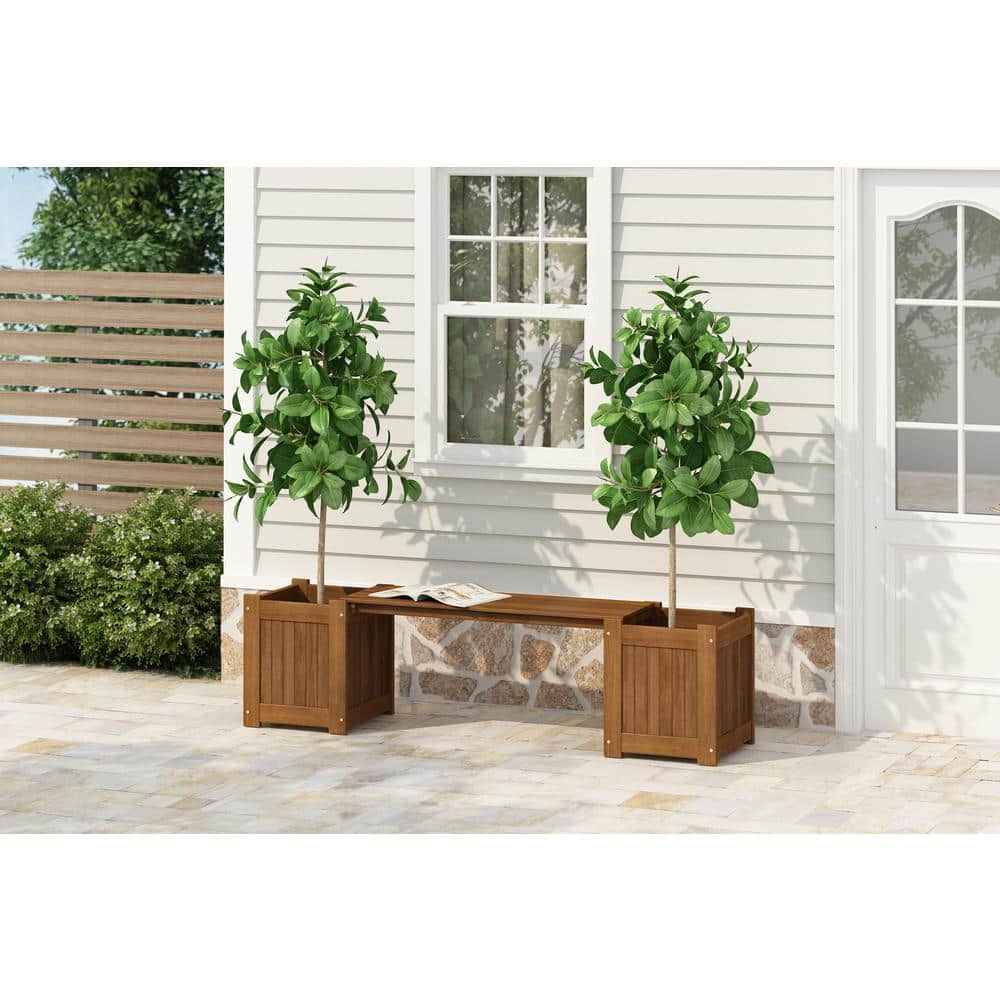 Furinno Brown Teak Hardwood Outdoor Planter Box with Bench