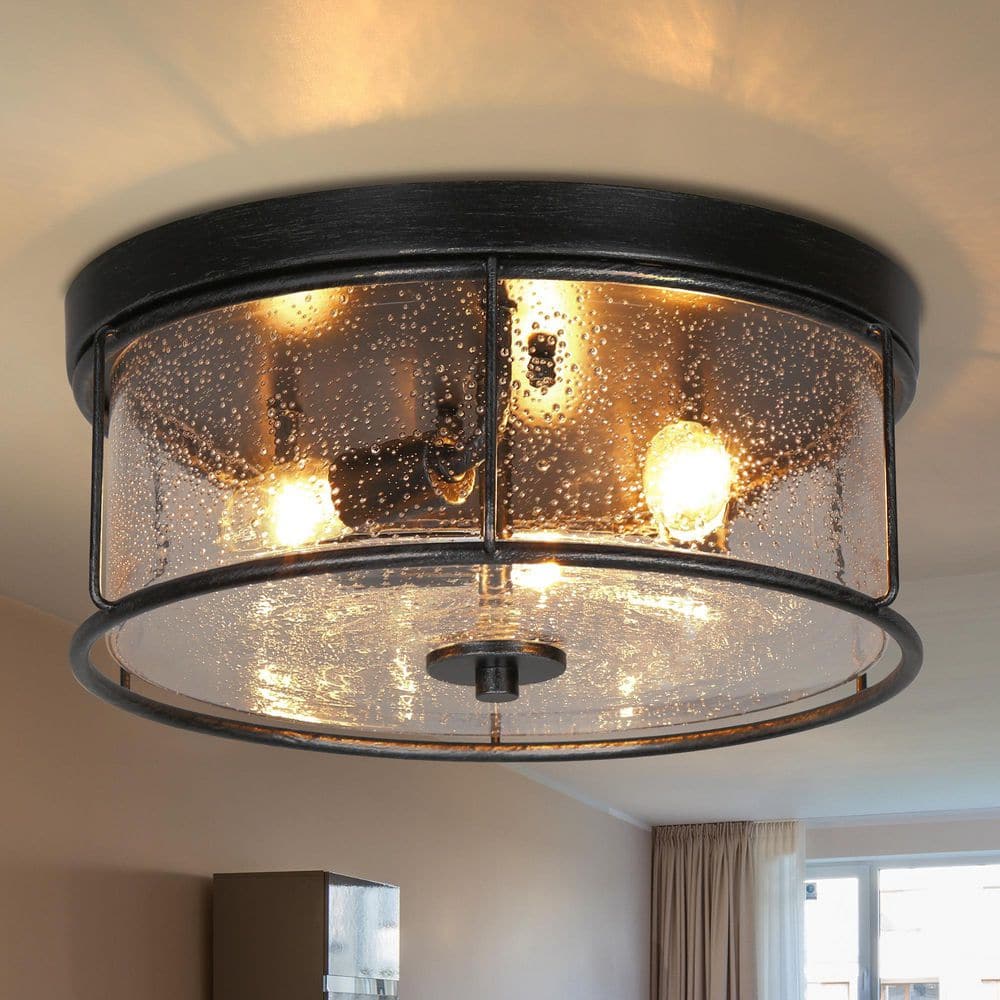 13.5 in. 3-Light Brushed Black Rustic Farmhouse Flush Mount Ceiling Light with Clear Seeded Glass Drum Shade price history on PriceWatchPro