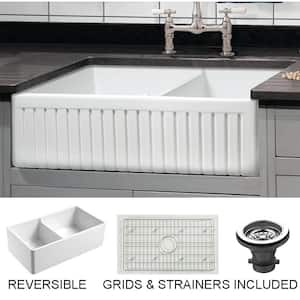 Sutton Place Farmhouse Fireclay 33 in. 55/45 Double Bowl Kitchen Sink with Grid with Grid and Strainer