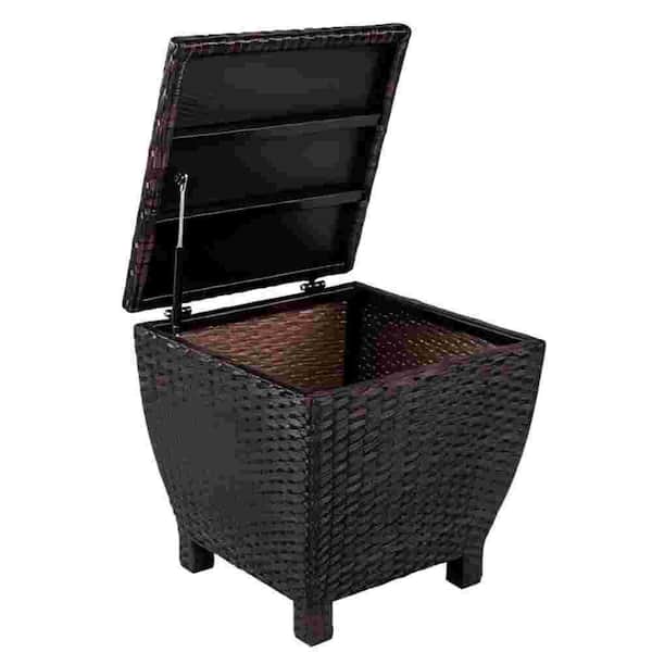 AURA OUTDOOR Brown small deck storage box with lid wicker outdoor side table, 13 gallon outdoor hose mat towel storage