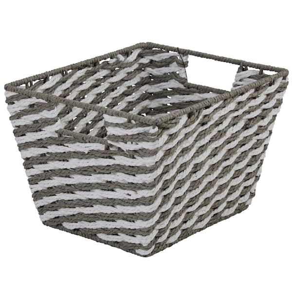 Large Striped Woven Basket Shelf Bin in Gray