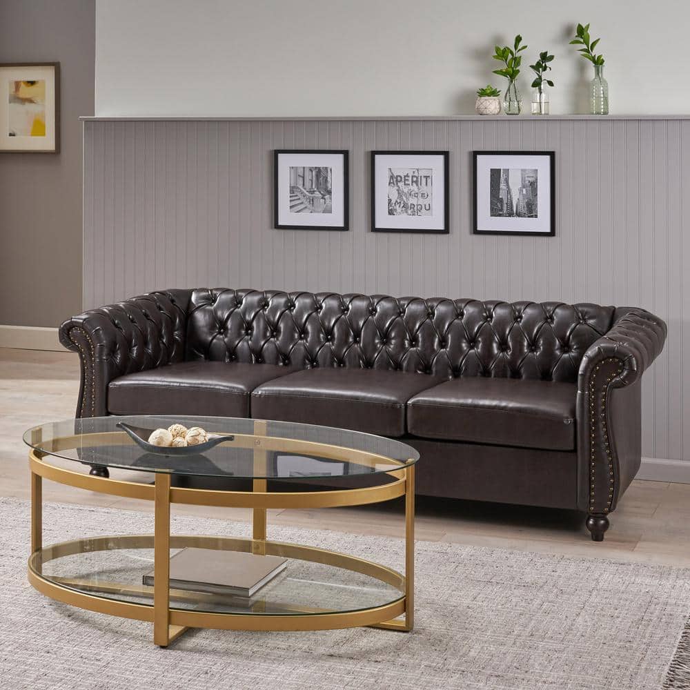 Elegant Brown Faux Leather Chesterfield Sofa with Nailhead Accents