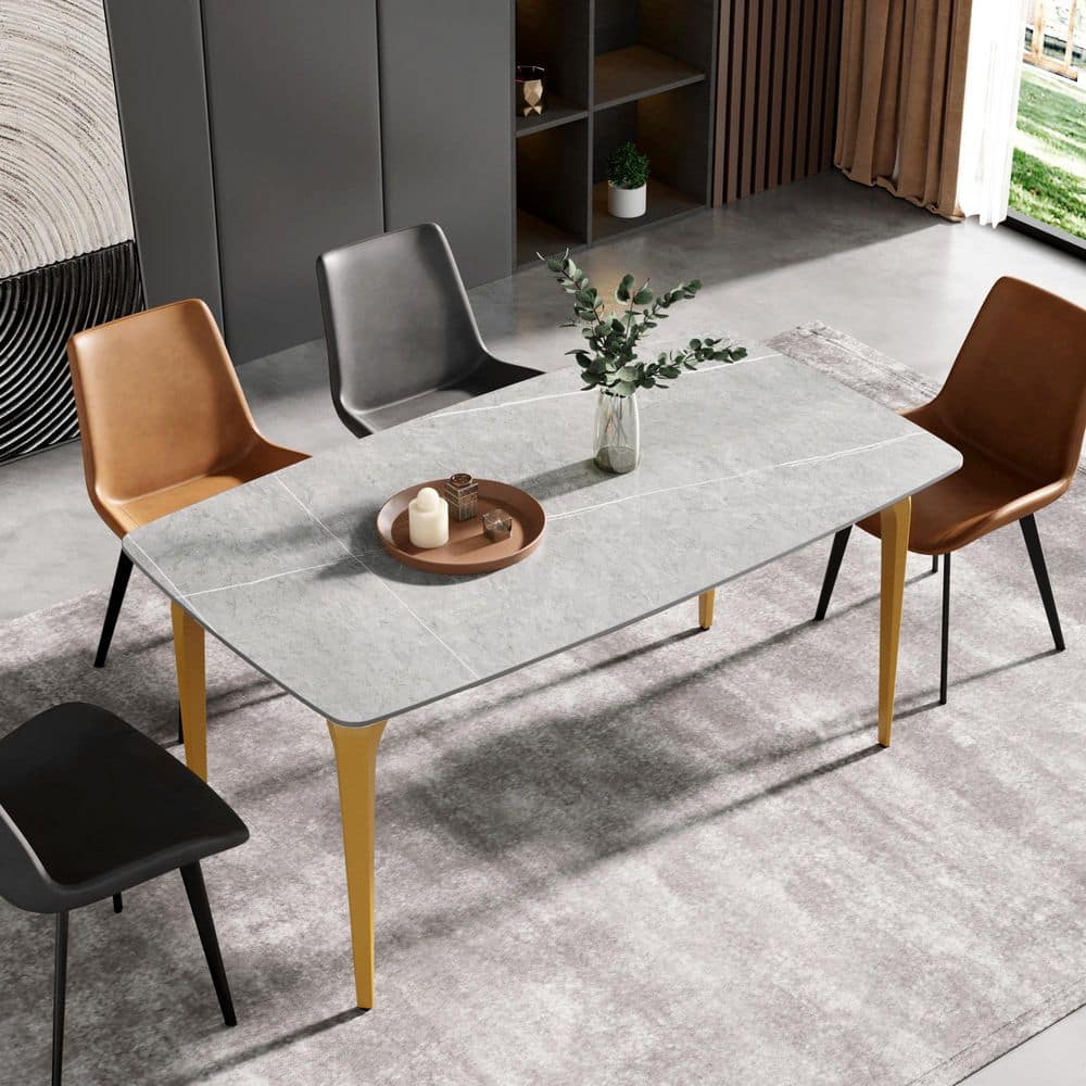 63 in. Luxury Round Edge Sintered Stone Rectangle Gray Top Gold Metal 4 Legs Dining Table (Seats 6) -  Magic Home, MH-A-D16AG-AT1G