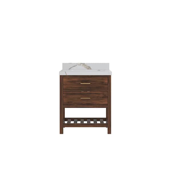Willow Collections Parket Teak 30 in. W x 22 in. D x 36 in. H Single Sink Bath Vanity Center in Dark Walnut with Calacatta Gold Quartz Top