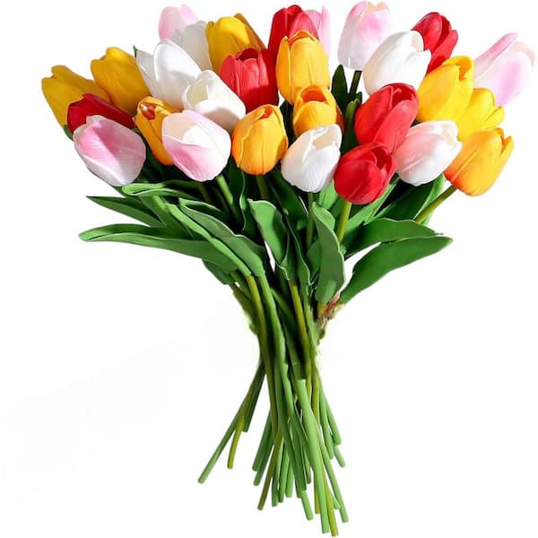 Afoxsos 14 in. Assorted (White/Yellow/Sunset Red/Red/Light Pink) Indoor/Outdoor Real Touch Artificial Tulip Flower (15 Pieces)