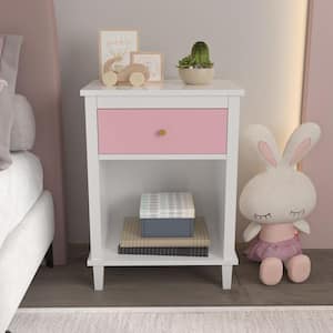 Pink 1-Drawer Wood Nightstand with Storage Cabinet(26.8 in. H)
