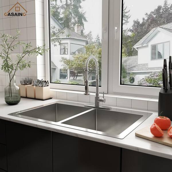 CASAINC 32 in. Undermount Double Bowl 18 Gauge Brushed Stainless Steel Kitchen Sink with Bottom Grid and Basket Strainer