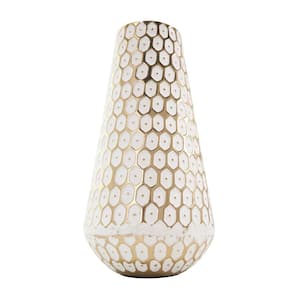 13 in. Gold Geometric Dot Metal Geometric Decorative Vase with White Accents