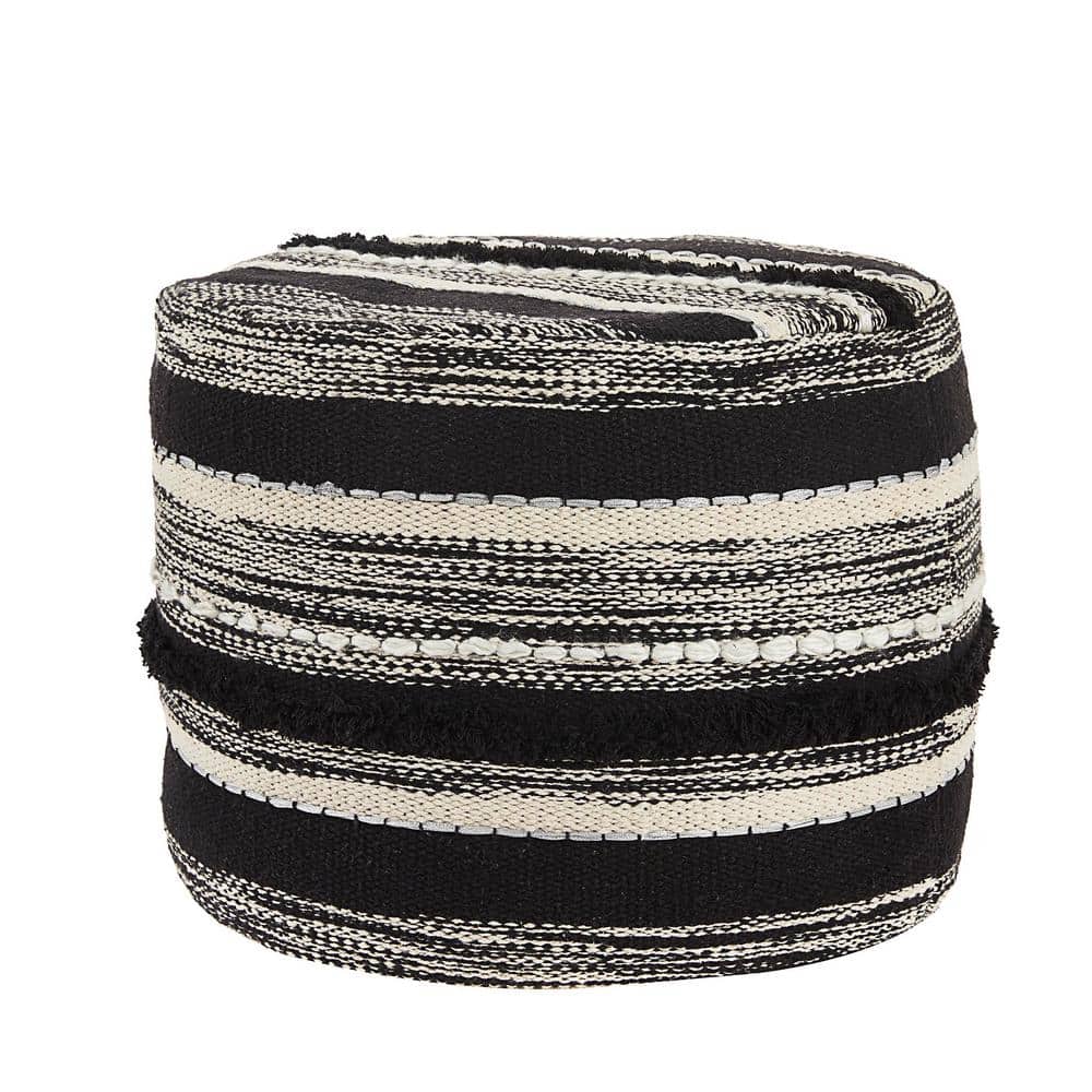 Chic Monochrome Striped Cotton Round Pouf, Black & Natural, 18"x14"