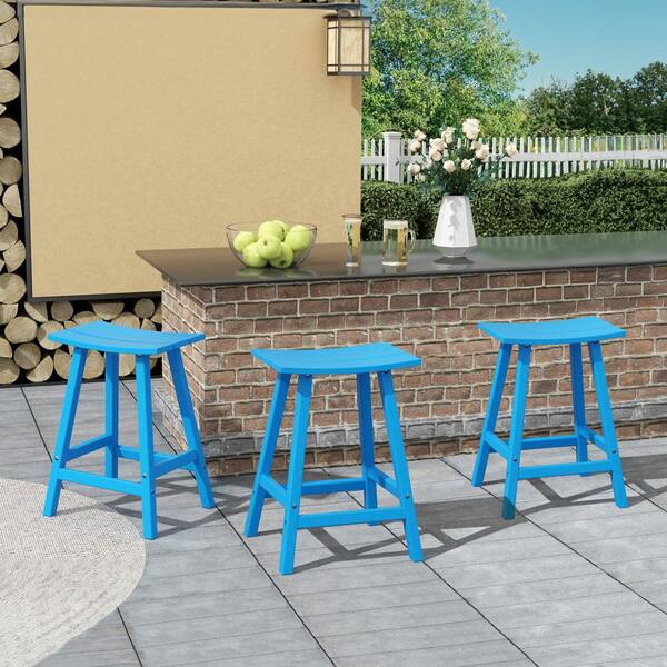 Franklin Pacific Blue 24 in. Poly HDPE Fade Resistant Outdoor Patio Saddle Seat Counter Height Bar Stool (Set of 3)