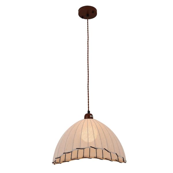 PAKOKULA Farmhouse 1-Light Brown Coastal style Scallop Edges Chandelier with Beige Fabric Shade for Kitchen Island Dining Room