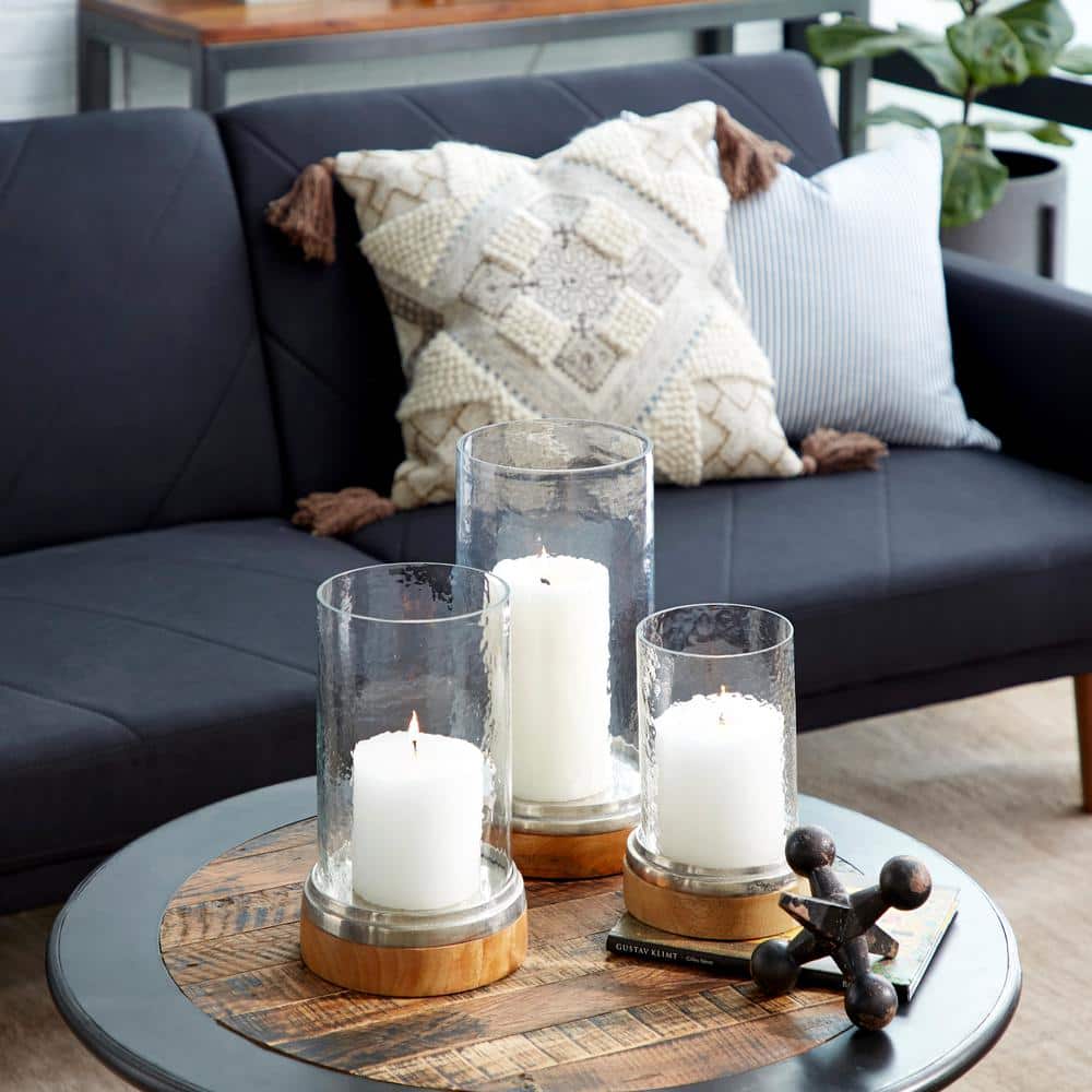 Elegant Traditional Wood & Glass Hurricane Candle Lantern Trio