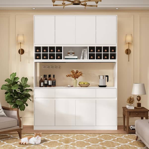 FUFU&GAGA 4-in-1 White Wood Storage Cabinet with Buffet and Hutch Wine Rack with Doors, Drawers, Adjustable Shelves