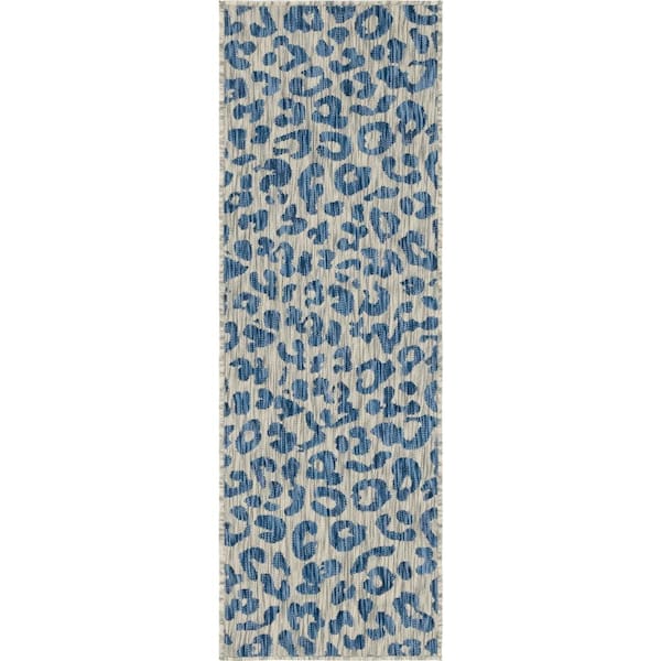 Unique Loom Azure Leopard Outdoor 2 ft. x 6 ft. Runner Rug