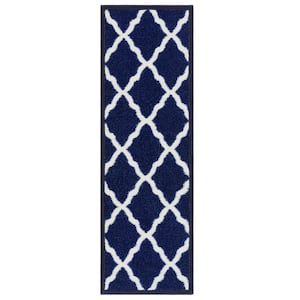 Glamour Collection Non-Slip Rubberback Moroccan Trellis 8.5 in. x 26 in. Indoor Stair Tread Covers Set of 7, Navy