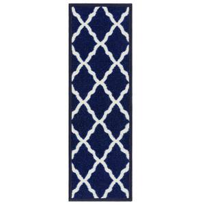 Glamour Collection Non-Slip Rubberback Moroccan Trellis 8.5 in. x 26 in. Indoor Stair Tread Covers Set of 7, Navy