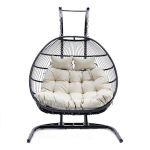 3-Piece Patio Double Seat Outdoor Swing Chair with Beige Cushion