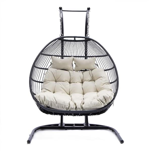 TIRAMISUBEST 2-Person Black Stand and Wicker Rattan Patio Swing with Beige Cushion
