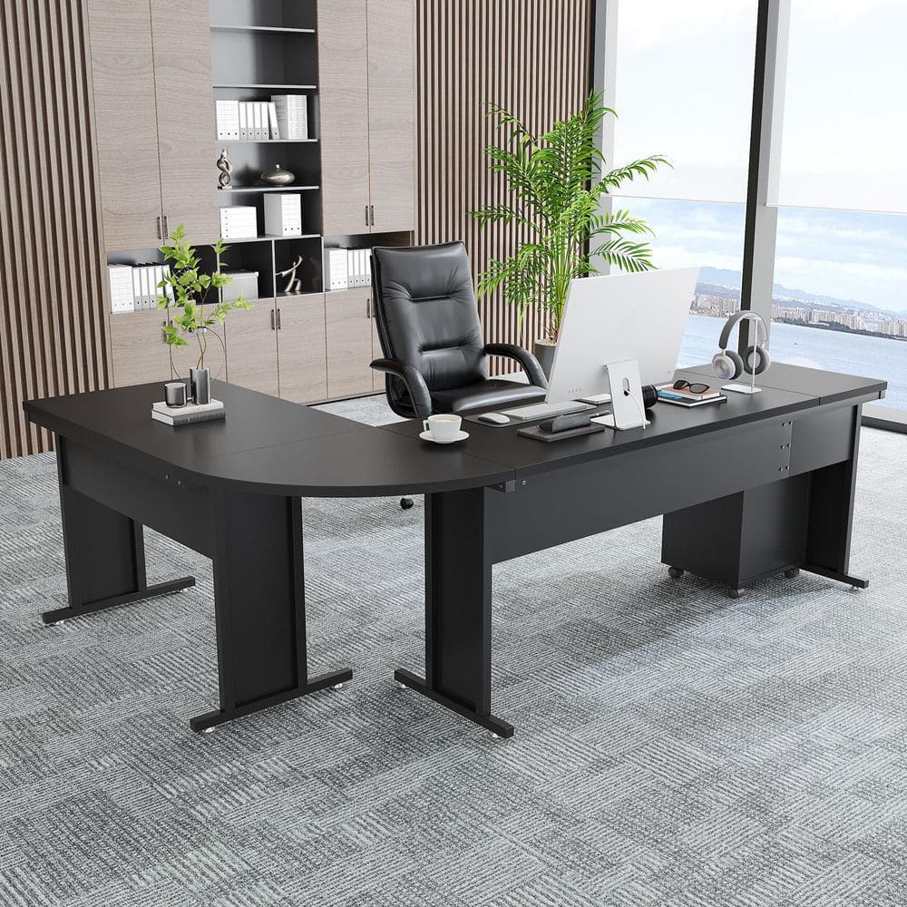 BYBLIGHT Lanita 83 in. L-Shaped Black Wood 3-Drawer Executive Desk