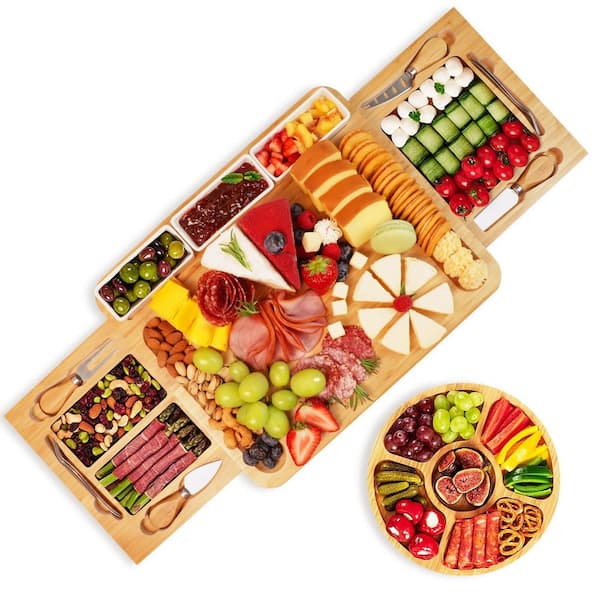 15 in. Bamboo Charcuterie Board Set with Cheese Tray, Large Bamboo Platter for Cheese and Meat