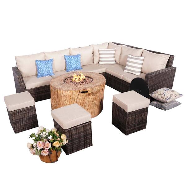 moda furnishings Rosaleen 8-Piece Wicker Patio Conversation Set with Fire Pit and Beige Cushions