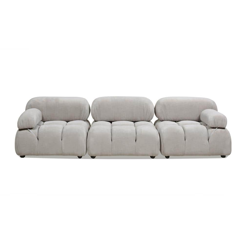 Pebble Gray Tufted Modular 3-Piece Sofa with Round Arms