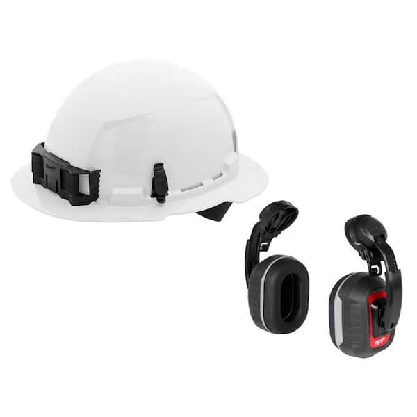 Bolt White Type 1 Class E Full Brim Non Vented Hard Hat w 4 Point Ratcheting Suspension w Bolt HP Cap Mounted Ear Muffs