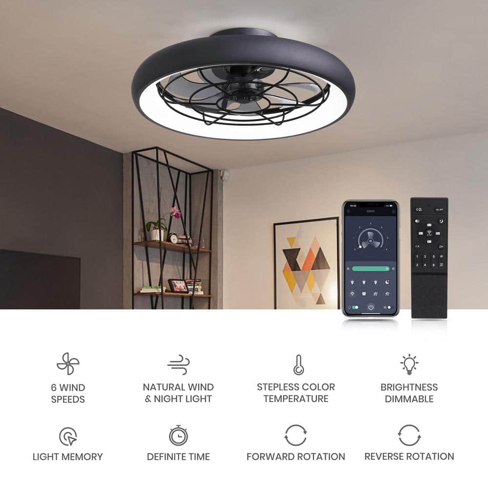 20'' Black Low Profile Ceiling Fan with LED Light and Remote