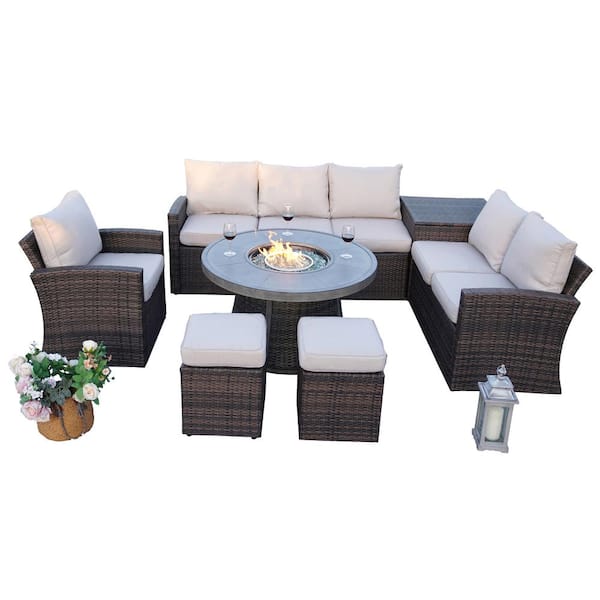 moda furnishings Isabella Simmons 7-Piece Wicker Patio Conversation Set with Fire Pit and Beige Cushions