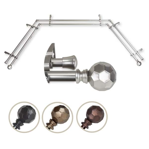 EMOH 13/16" Dia Adjustable Bay Window Double Curtain Rod 20 to 36", 38 to 72" in Satin Nickel with Elliana Finials