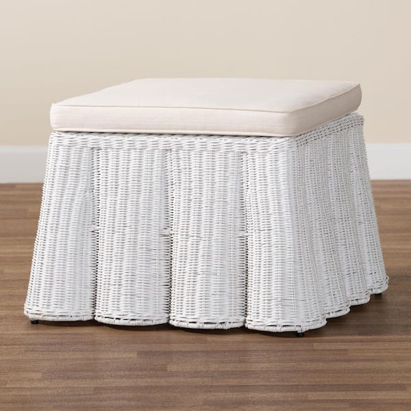 Palm White Rattan and Fabric Ottoman